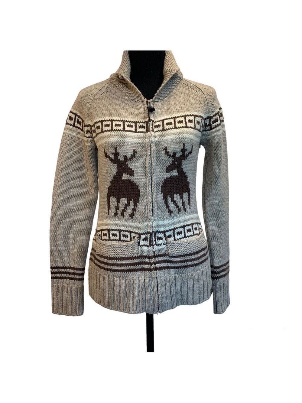 Triple Five Soul beige brown reindeer Zipup jacket wool sweater Sz S - Picture 4 of 15